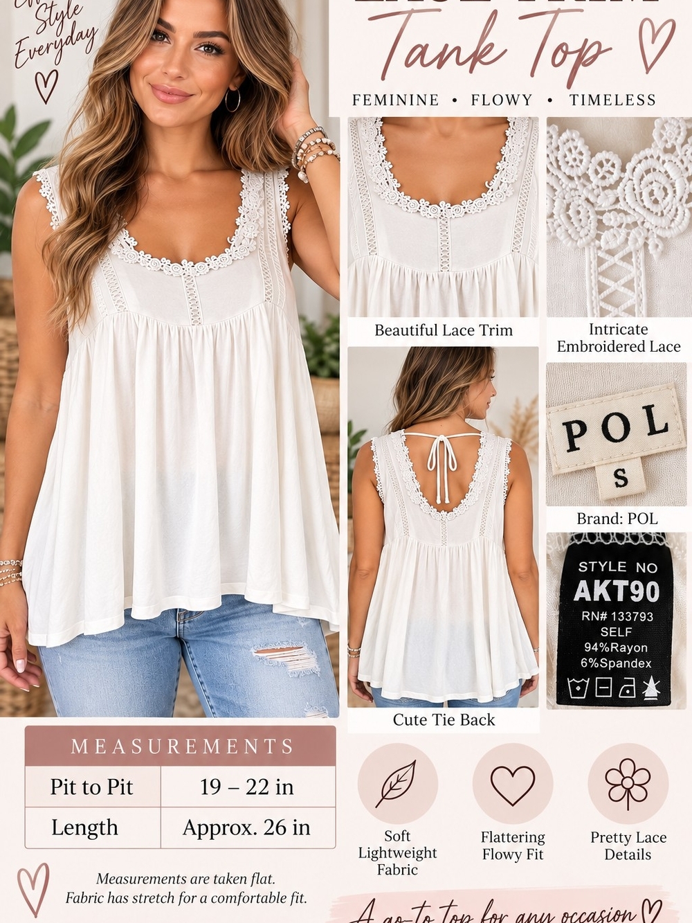 POL Cream Lace-Trim Scoop Neck Tank Top